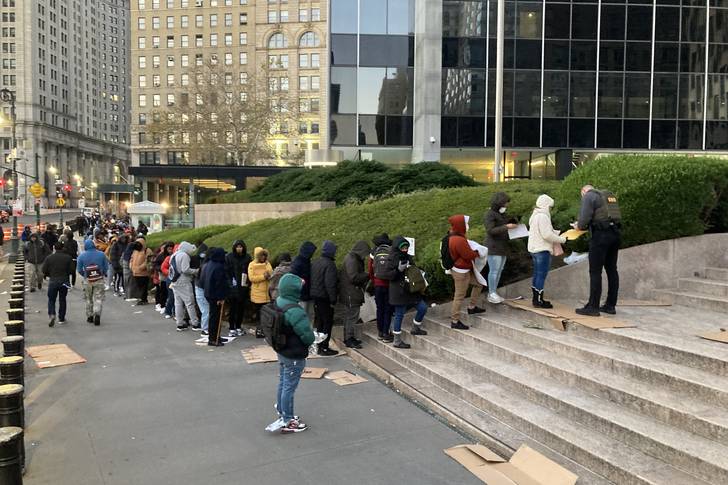 A long line outside the main immigration courthouse in Manhattan